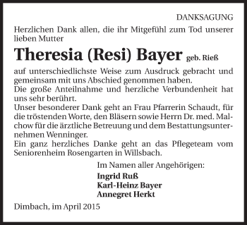 Traueranzeige von Theresia Bayer 