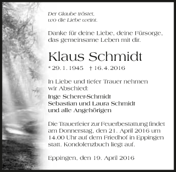 Traueranzeige von Klaus Schmidt 