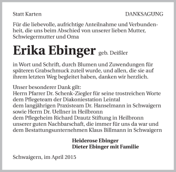 Traueranzeige von Erika Ebinger 