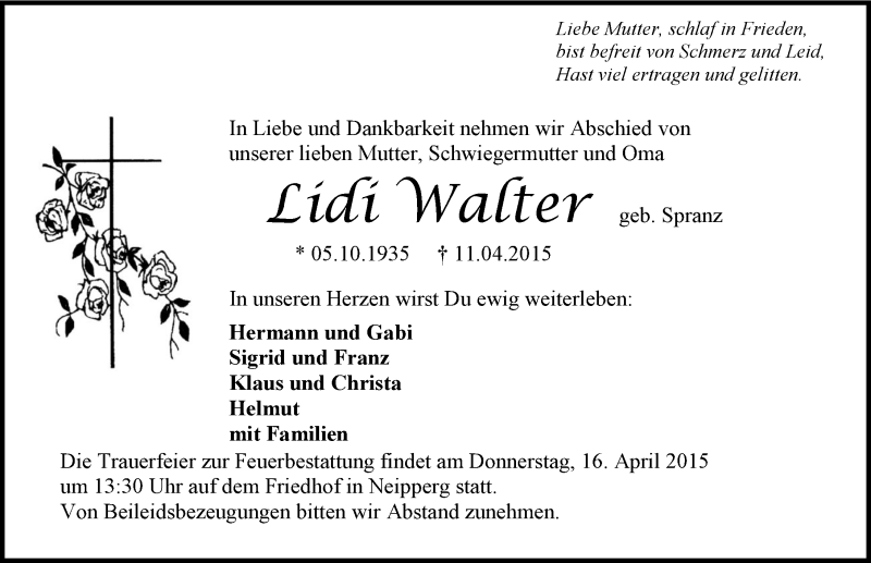  Traueranzeige für Lidi Walter vom 14.04.2015 aus 