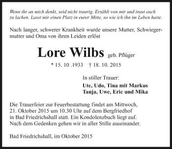 Traueranzeige von Lore Wilbs 