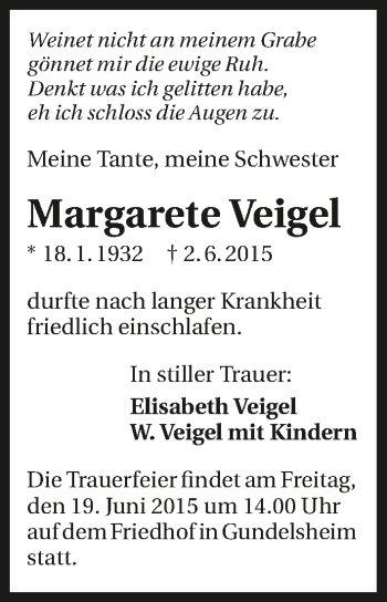 Traueranzeige von Margarete Veigel 