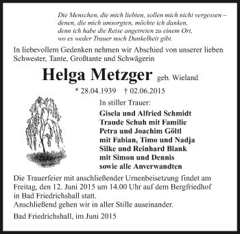 Traueranzeige von Helga Metzger 