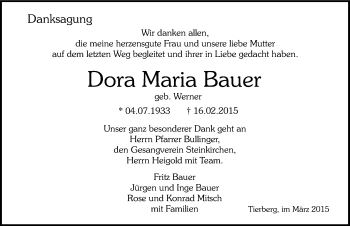 Traueranzeige von Dora Maria Bauer 