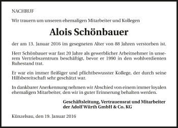 Traueranzeige von Alois Schönbauer 