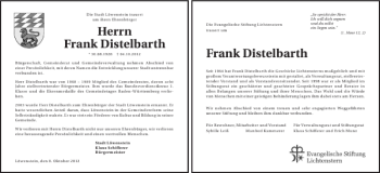 Traueranzeige von Frank Distelbarth Frank Distelbarth 