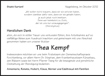 Traueranzeige von im Oktober 2012 Statt Karten Nagelsberg 