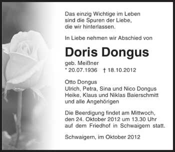 Traueranzeige von Doris Dongus 