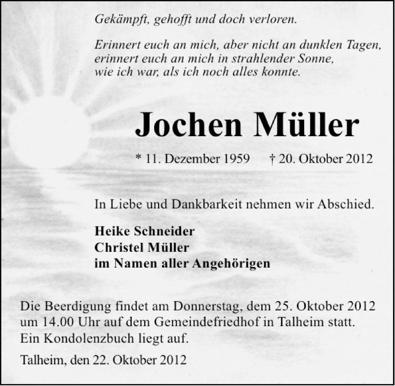  Traueranzeige für Jochen Müller vom 22.10.2012 aus 