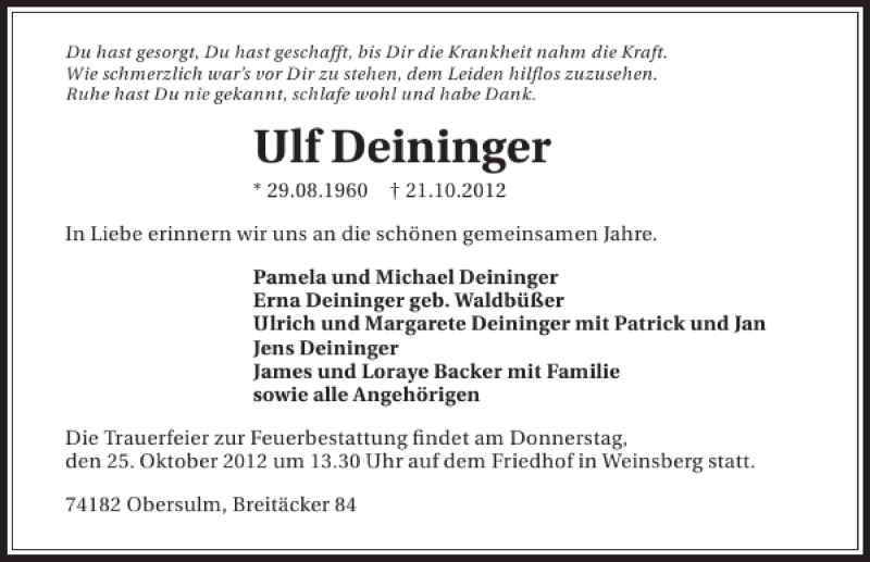  Traueranzeige für Ulf Deininger vom 22.10.2012 aus 