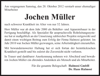 Traueranzeige von Jochen Müller 