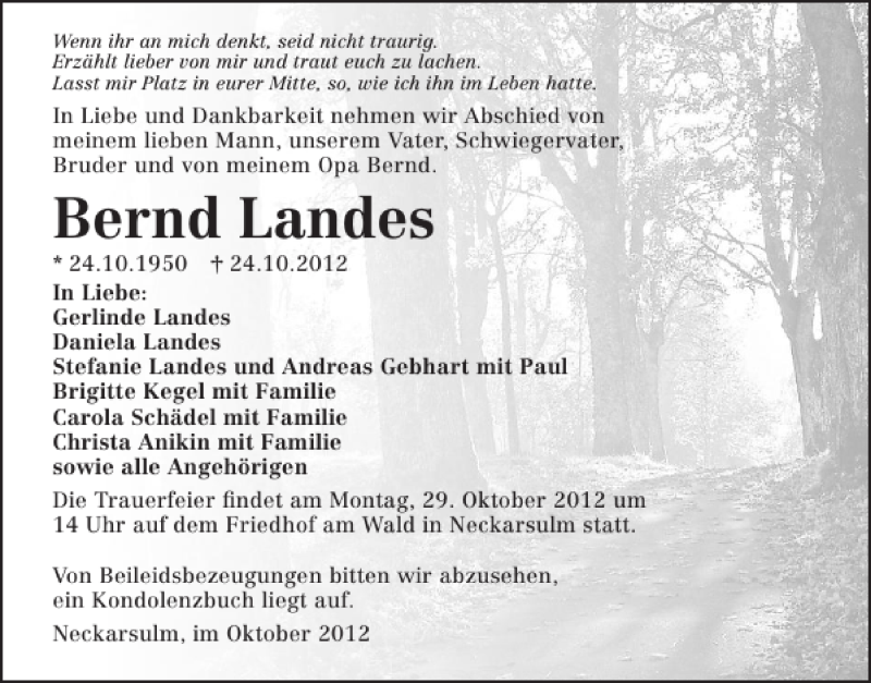  Traueranzeige für Landes Bernd vom 27.10.2012 aus 