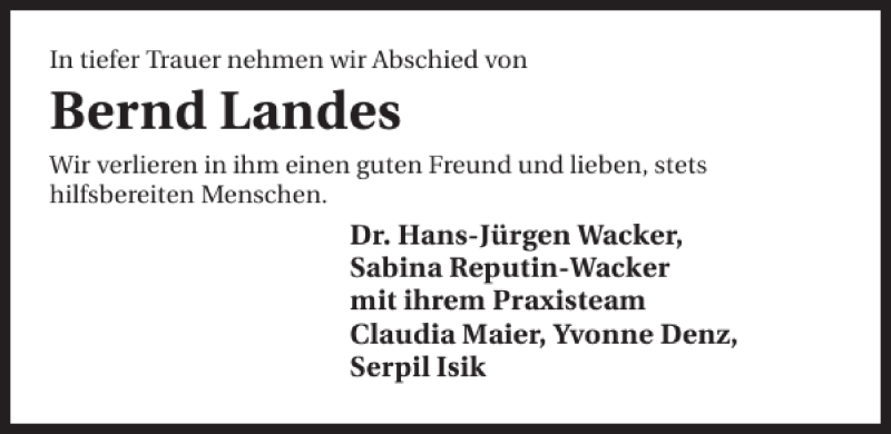  Traueranzeige für Bernd Landes vom 27.10.2012 aus 