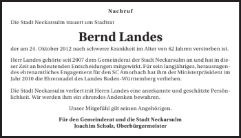 Traueranzeige von Bernd Landes 