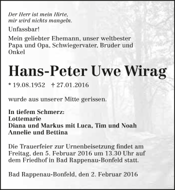 Traueranzeige von Hans-Peter Uwe Wirag 