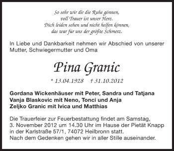 Traueranzeige von Pina Granic 