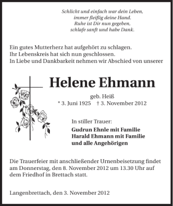 Traueranzeige von Helene Ehmann 