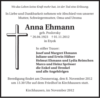 Traueranzeige von Anna Ehmann 