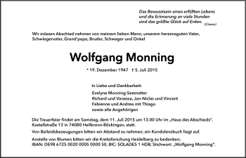 Traueranzeige von Wolfgang Monning 