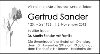 Traueranzeige von Gertrud Sander 