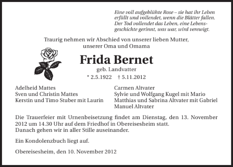  Traueranzeige für Frida Bernet vom 10.11.2012 aus 