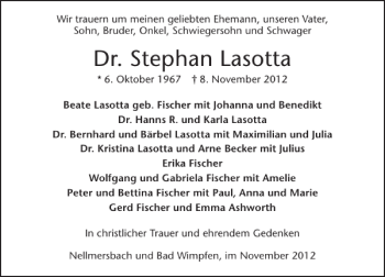 Traueranzeige von Dr. Stephan Lasotta 