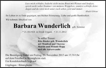 Traueranzeige von Barbara Wunderlich 