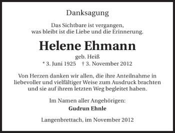 Traueranzeige von Helene Ehmann 