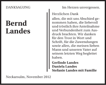 Traueranzeige von Bernd Landes 