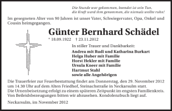 Traueranzeige von Günter Bernhard Schädel 