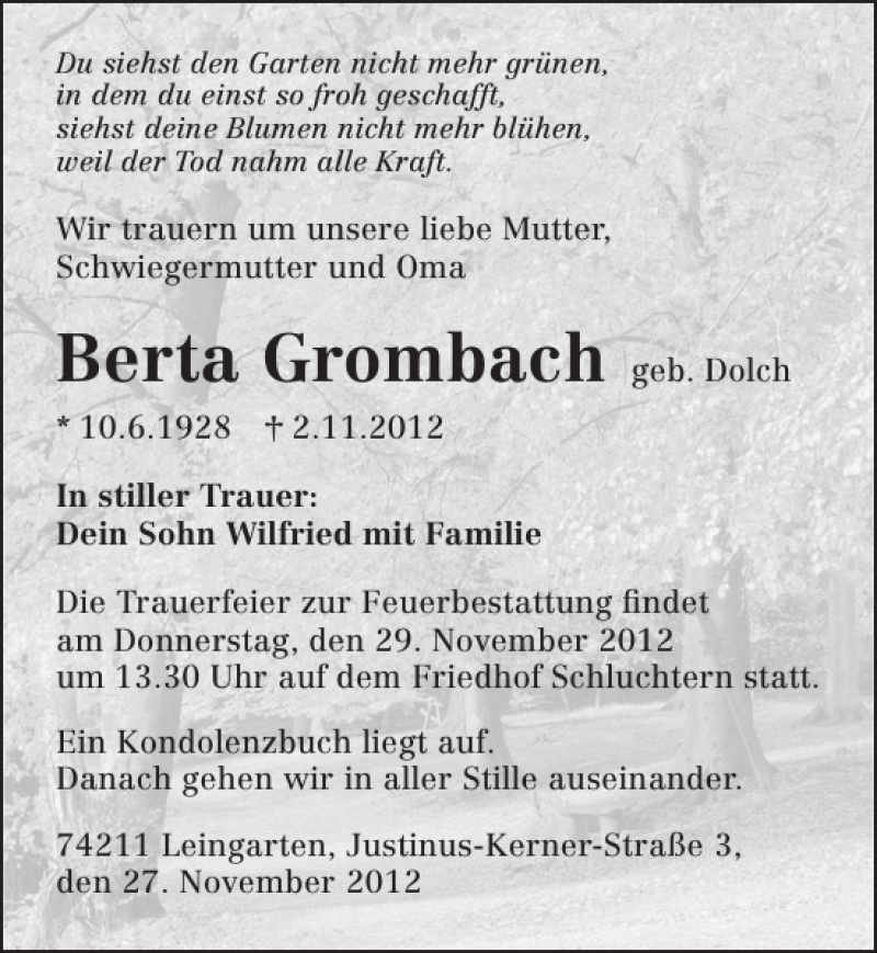  Traueranzeige für Berta Grombach vom 27.11.2012 aus 