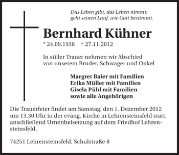 Traueranzeige von Bernhard Kühner 