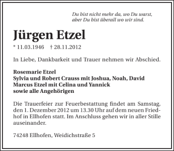 Traueranzeige von Jürgen Etzel 