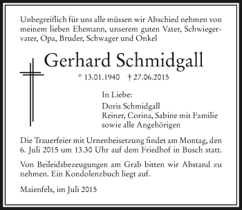 Traueranzeige von Gerhard Schmidgall 