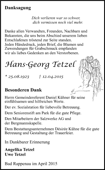 Traueranzeige von Hans-Georg Tetzel 