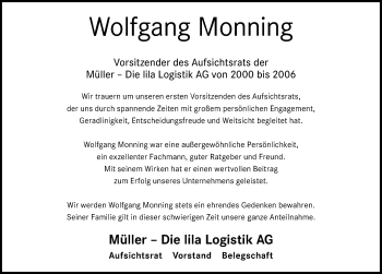 Traueranzeige von Wolfgang Monning 