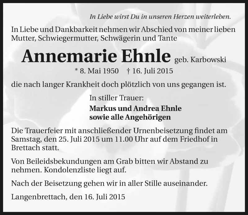  Traueranzeige für Annemarie Ehnle vom 23.07.2015 aus 