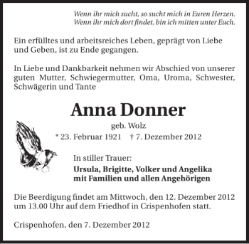 Traueranzeige von Anna Donner 