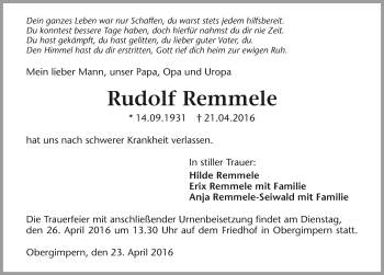 Traueranzeige von Rudolf Remmele 