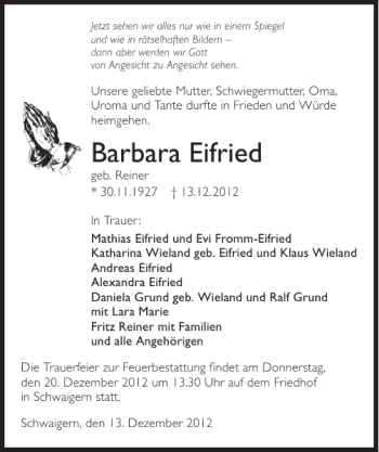 Traueranzeige von Barbara Eifried 