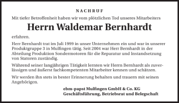 Traueranzeige von Waldemar Bernhardt 