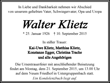 Traueranzeige von Walter Klietz 
