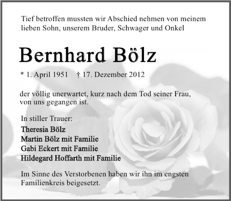  Traueranzeige für Bernhard Bölz vom 24.12.2012 aus 