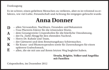 Traueranzeige von Anna Donner 