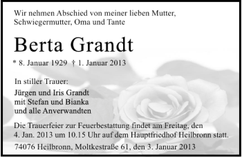 Traueranzeige von Berta Grandt 