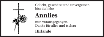 Traueranzeige von Annlies Annlies 