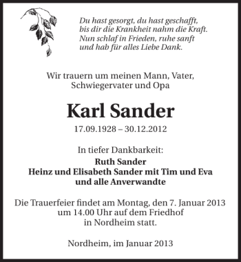 Traueranzeige von Karl Sander 