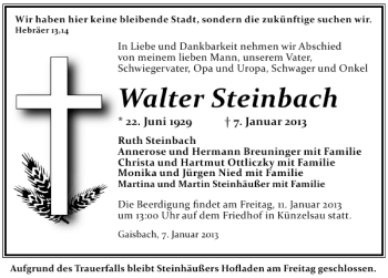 Traueranzeige von Walter Steinbach 