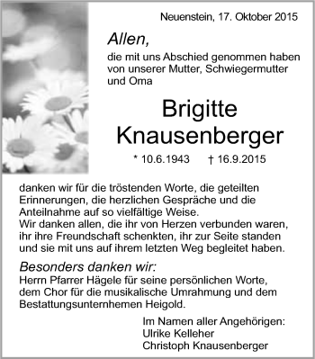 Traueranzeige von Brigitte Knausenberger 