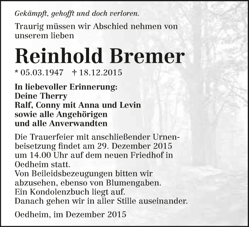  Traueranzeige für Reinhold Bremer vom 24.12.2015 aus 